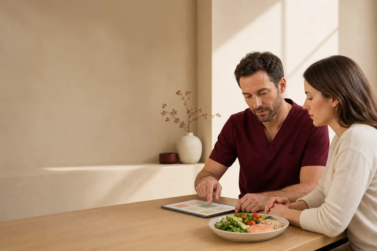 Nutriționist explicând un plan alimentar unei paciente, lângă o farfurie cu legume, somon și cereale, imagine ilustrativă pentru consiliere nutrițională