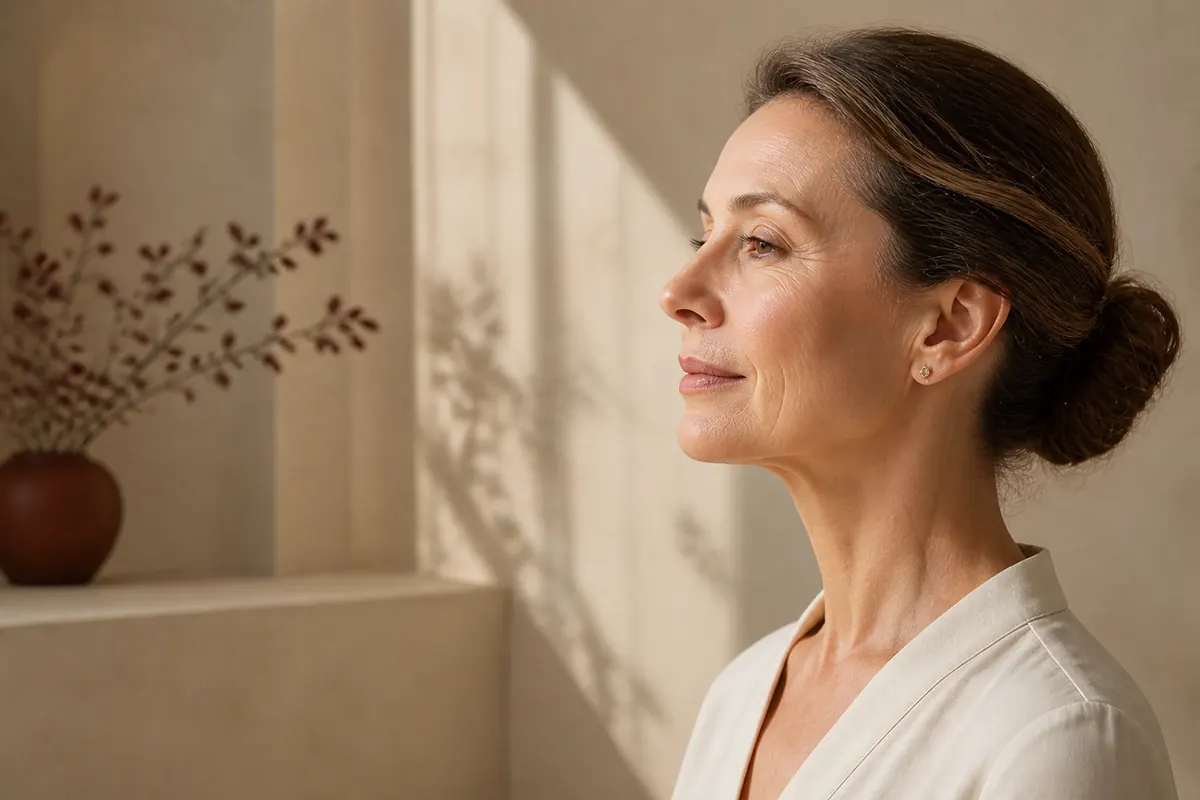 Profil natural cu accent pe gât și linia mandibulară, imagine ilustrativă pentru lifting cervical (lifting gât)