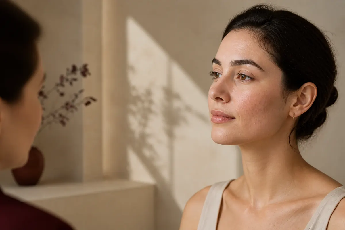 Portret cu textură naturală a pielii și semne discrete de acnee, imagine ilustrativă pentru tratamentul acneei și cicatricilor post-acneice